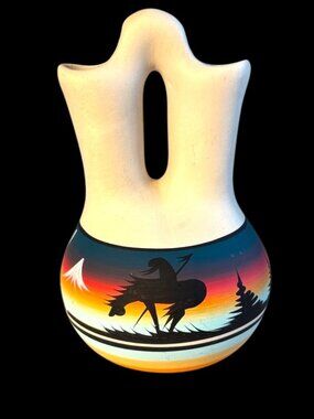 VTG Navajo Wedding Vase 8” Signed Vonda Dineh Hand Painted Southwestern Pottery